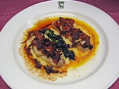 llu� amb crem�s de patata i bledes a la diavola